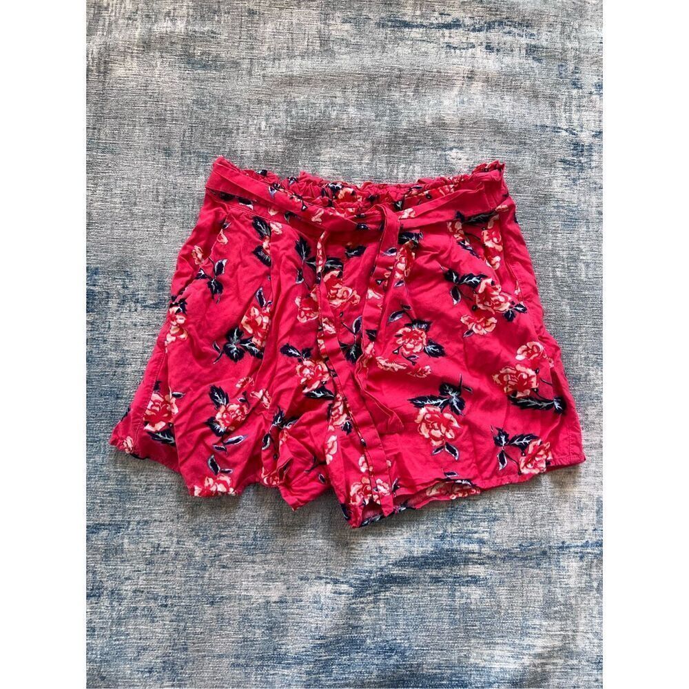 Justice Red Pink Floral Rose Shorts w Attached Belt Size 14 / 16